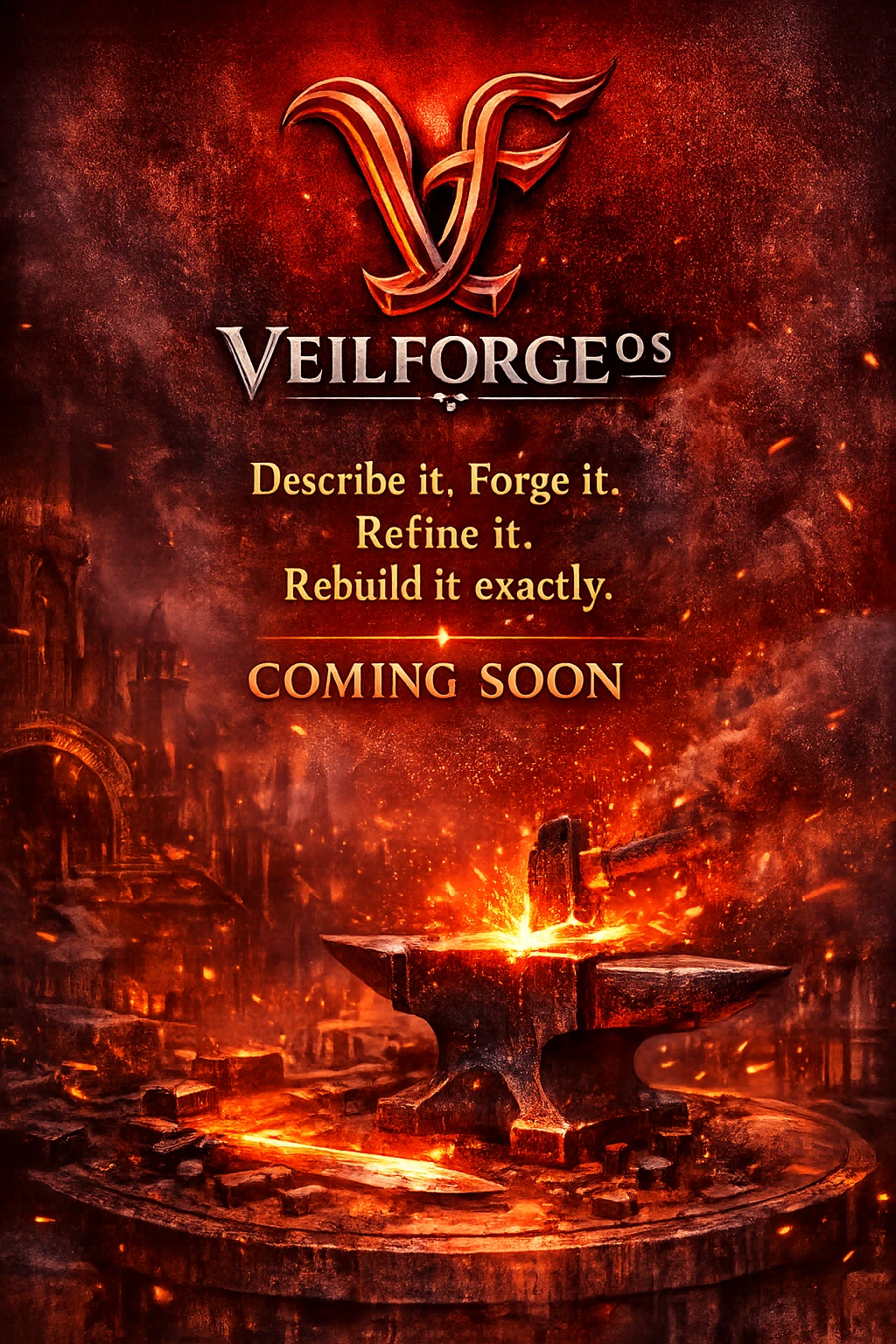 VeilForgeOS forged VF emblem above a blazing anvil and crimson world forge